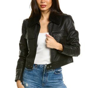 NWT Ted Baker Basile Shearling Collar Harrington Black Leather Jacket Size 3